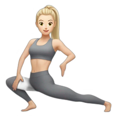 Pale skinned fit woman In a gray tight yoga suit With ash blonde hair in a ponytail doing yoga sticker