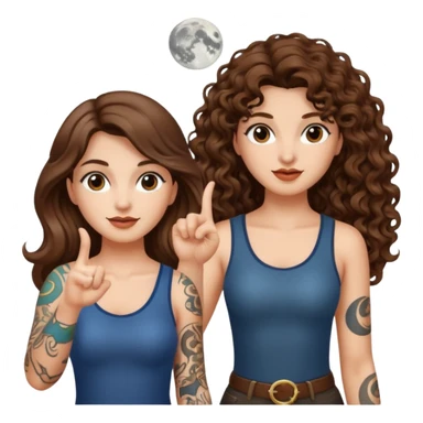 moon symbol discovery — long wavy brown hair tattooed woman and short tight curly brown hair woman — pointing up sticker