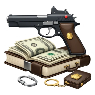 Icon for Action & Crime Reading: open book with text and picture, with a silhouette of a gun, a bag of money, and a police badge on the pages. Surrounding elements include a pair of handcuffs, a briefcase, and scattered bullet casings. Transparent background. sticker