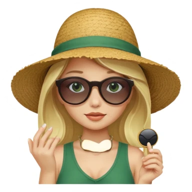 
blonde girl in dark green beach big hat adjusting sunglasses sticker