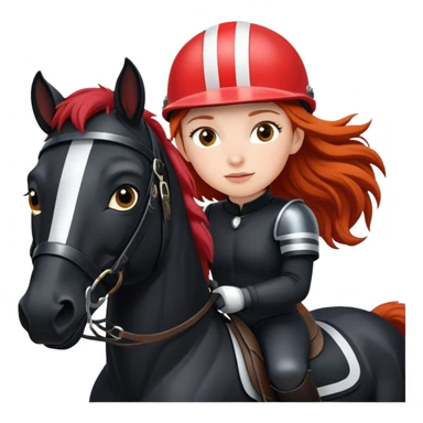 A red-haired girl with a helmet is a rider with a black horse with a white stripe on her face sticker