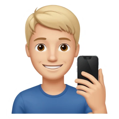 young manwith phone in histhand, happy, selfie style. @emoji sticker