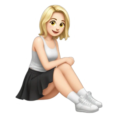 front view full body curvy caucasian beauty sitting straight hands up black skirt white knickers long white socks sticker