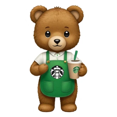 teddy bear wearing green apron with one cup of starbucks coffee sticker