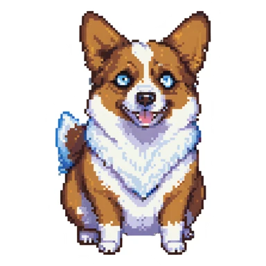 pixel art corgi, black fur, white underbelly, left brown eye, right light blue eye, scared expression sticker