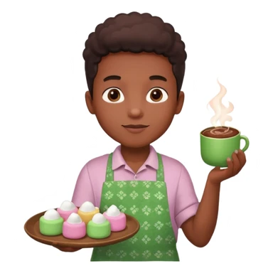 A young black vendor boy with pink cheeks, holding a tray of marshmallow-topped cocoa wearign green patterned apron sticker