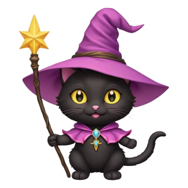 Gotito negro con ojos amarillo sonriendo feliz con los bigotes largos y disfraz de bruja de color rosa el disfraz con varita sticker