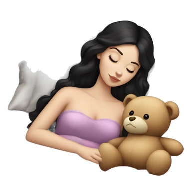 sleeping beauty dark black haired really white girl with a silk pillow and a teddy bear sticker