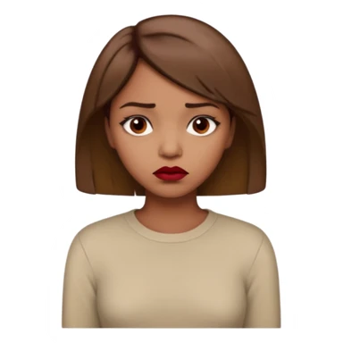 a brown girl with short light brown hair wearing a beige full sleeve and looking sad. dark red lip sticker