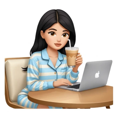 Kylie Jenner sitting learning on macbook in her luxury summer home, she wears Skims pajama and she's drinking 1 iced latte sticker