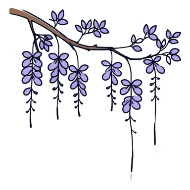 Artistic Japanese wisteria (fuji) flower with sumi-e inspired brush strokes, hanging lavender bloom clusters, zen minimalist aesthetic with subtle ink wash background sticker
