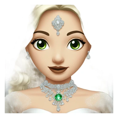 Hyper Realistic ornate ballgown long sleeve Wedding dress with diamanté on Russian bride with pale skin and green eyes and long black hair with veil and diamond jewelry hyper realistic  sticker