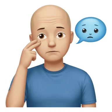 bald man with t-shirt, doubting face but not sad, hand on chin looking up, thought bubble sticker