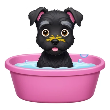 Black miniature schnauzer getting a bath in pink tub with soapy bubbles sticker