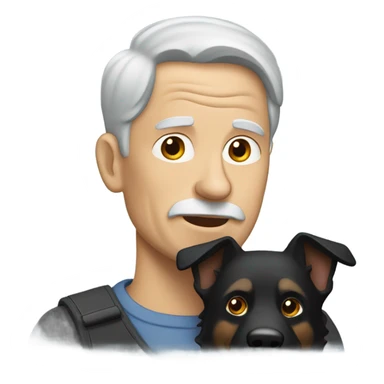 Old man with little brown hair carrying a black German shepherd dog sticker