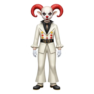 full-body demonic clown in a white leisure suit with bellbottom pants, bald, with black ram horns, flashy belt, ruffled shirt, no neck tie sticker