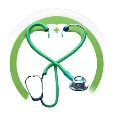 "Create a minimalistic emoji featuring a medical cross, a stethoscope, and a heart, using blue, green, and white to symbolize trust, health, and care sticker