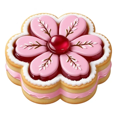 Realistic shortbread cookie in the shape of a cherry blossom with pale pink color jelly middle filling and sprinkled powder sugar on top. sticker