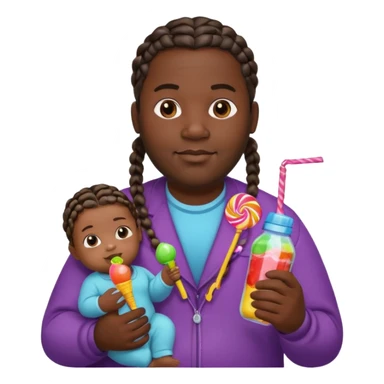 Big black man with braids hold a  baby bottle and a lollipop sticker