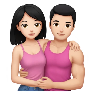 a pretty bratz fair girl. black hair, wearing a pink cami top hugging a handsome fair guy with black hair. lean but muscular who is wearing a black tee sticker