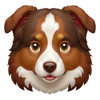 A tri color Australian shepherd with a chocolate brown base coat, red/gold fur on his eyebrows and snout/cheeks, a white chest, and gold eyes. No white fur on his face, only brown and gold. sticker