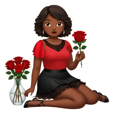 A plus-size black woman with short, straight, dark brown hair is wearing a red sleeveless shirt and a black lace ruffled skirt. She is holding a rose and sitting on the floor with her legs crossed. On the floor is a glass vase with red roses. sticker