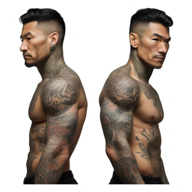muscular male flexing tattooed chest with dragon tattoo on the chest and yakuza tattos on arms sticker
