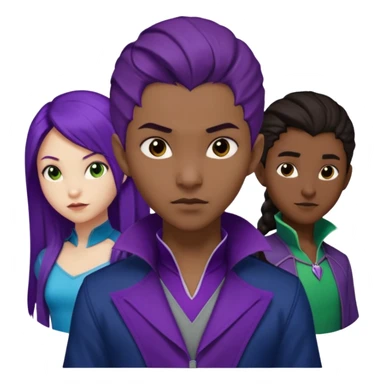 Solo poly platonic relationship, one African girl, one Asian boy, one biracial features Asian tomboy girl rat-tail hair long and upper masculine hair 90s, vampire and marvel cosplay elements inspired  use marvel race, like instead of obvious human, green purple blue etc,  sticker