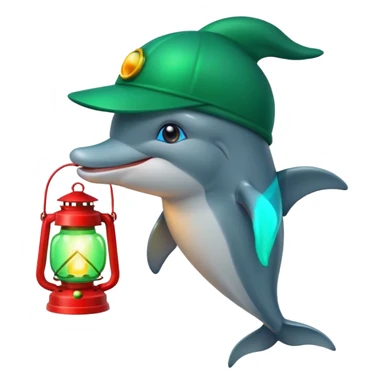 dolphin wearing green hat and a lantern with red light sticker