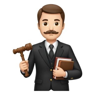 “Create a clean, modern emoji-style illustration of a male lawyer. He is wearing a formal suit jacket. He is holding a judge’s gavel in one hand and has a law book tucked under his arm. He has a mustache and beard! sticker