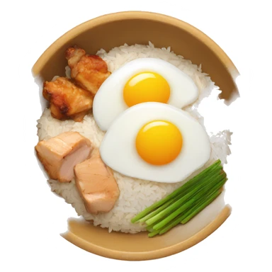 a bowl of rice with two eggs and chicken thigh sticker