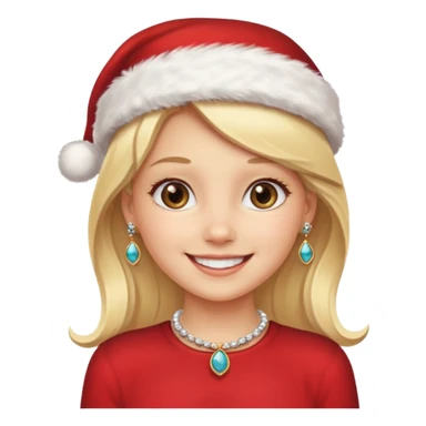 blonde girl smiling with jewelry and Santa hat sticker