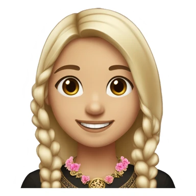 Slavic girl, light skin, brown eyes, black-to-blonde ombre straight tail, smiling with teeth, wearing beautiful dark blouse with a folk pattern of small pink flowers and gold necklace. sticker