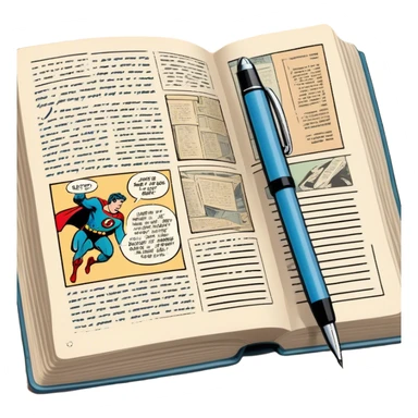 Create a detailed emoji representing the process of writing texts for comic books. The design should feature a large, open comic book with vintage comic strips visible on its pages. A pen should be shown writing text on one of the comic panels, but without a hand. The pencil should appear as though it is actively creating the dialogue or narration. Use a classic color palette with muted tones for the comic book and brighter accents on the pencil to draw attention to the writing process. Do not include any emojis or smiley faces. Make the background transparent. sticker