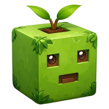 A 3D Apple-style emoji of a Minecraft grass block, cubic shape, with bright green grass on top and brown soil with pixel texture on the sides, simple and cute cartoon design. sticker