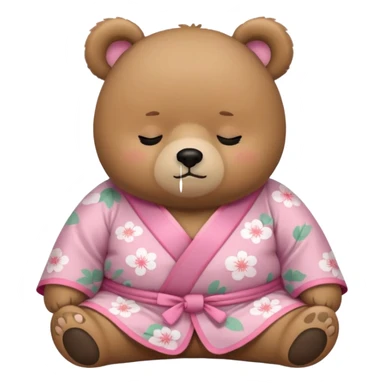 A cute chubby light-brown bear wearing a pastel pink sakura-patterned kimono, standard body and small round head, adorable simple face, sleepy half-closed eyes, small blush on cheeks, sitting while dozing off, tiny “zzz” floating above the head sticker
