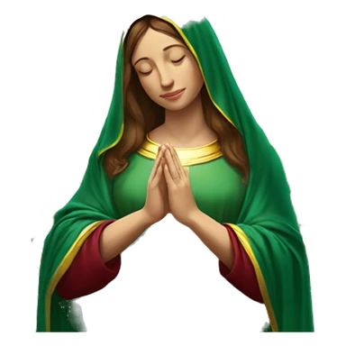 Virgin Mary: kind face looking down at the left, long brown hair, Wearing an emerald green  robe with gold stars and a burgundy red dress,  Hands in prayer or blessing. Halo around her head. standing in front of a big sun. colorful roses on the sides  sticker
