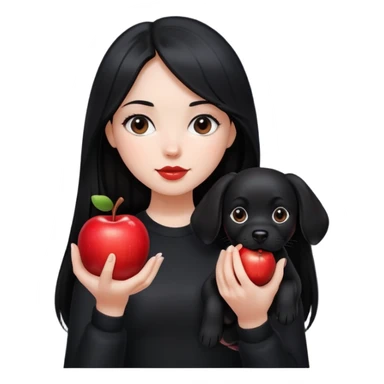 A girl with long black hair wearing black clothes holding a black dog in one hand and an apple in the other hand sticker