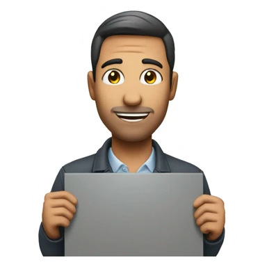 man holding a board saying scan me sticker