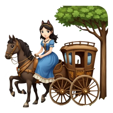  Rustic wood detailed 1854 pretty dark-haired Catgirl driving a huge horse-drawn stagecoach Caravan alone on a romantic trail in the woods  sticker