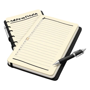 A classic black Moleskine notebook open to show an agenda page with meeting items and bullet points sticker