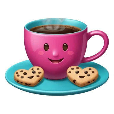 cup of coffee, steaming, the smoke should come out in the shape of a heart, the color of the cup is fuchsia, the cup has a happy face printed on it, the cup rests on a turquoise blue plate, and there are cookies and sugar cubes around the cup. sticker