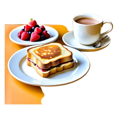Un joli plateau sur lequel repose un délicieux petit déjeuner composé d’un croque-monsieur croustillant, d’un bol de yaourt aux fruits, d’une tasse de chocolat chaud garnie de guimauves et d’un joli vase contenant deux fleurs d’hibiscus sticker