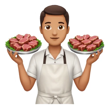 Una carnicería chapala con carnes y un señor promocionando sticker