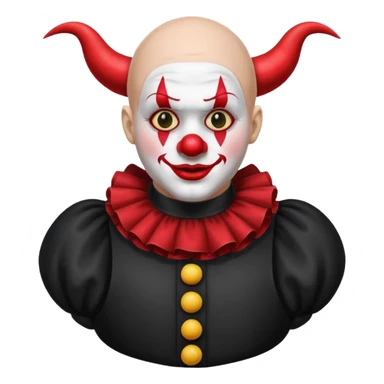 Crea un payaso con toda la cara blanca sin pelo con cuernos de color negro, que su cuerpo tenga un traje de payaso negro con rojo sticker