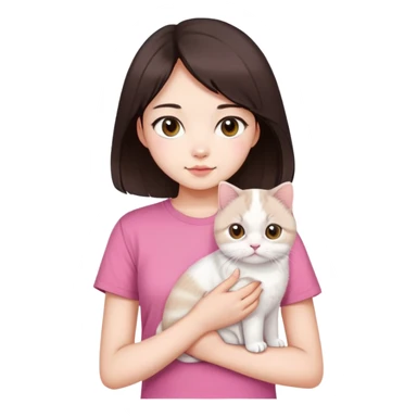This Chinese girl has fair skin. She has long semi-short dark brown hair and is wearing a pink T-shirt. She is holding a white Scottish Fold cat. sticker