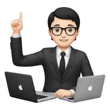 un estudiante con lentes y su laptop CON TERNO Y CABELLO NEGRO,  LEVANTANDO LAS MANOS DANDO LIKE sticker