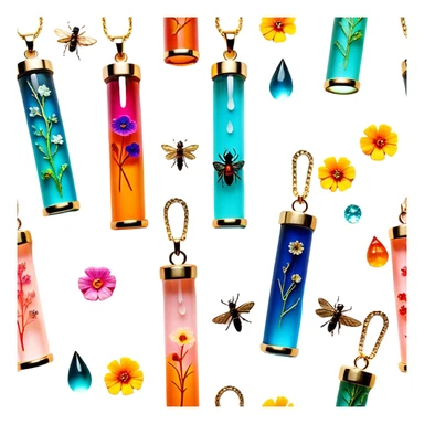 Create an icon that represents decorative arts using epoxy resin. The design should feature colorful tubes of resin, including fluorescent resin tubes, with visible drops or strokes of resin being applied to create intricate designs. Include finished resin jewelry pieces, such as pendants or rings, containing preserved flowers and insects encased in clear resin. The composition should feel vibrant, artistic, and delicate, showcasing the unique beauty of resin art with natural elements. The background should be transparent sticker