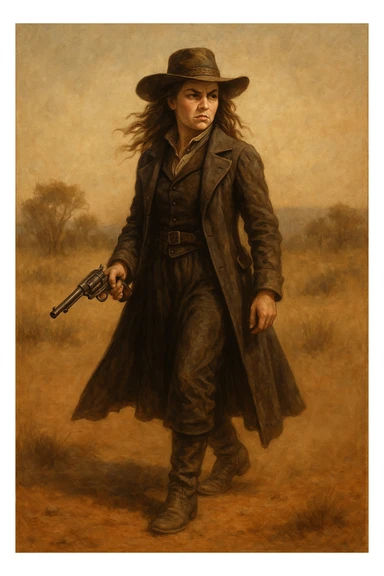 Victorian-era female bushranger, long coat, boots, wide-brimmed hat, pistol, determined expression, dusty background sticker