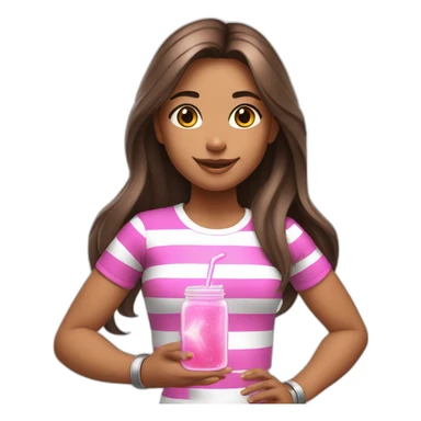 fitness girl with straight long brown hair, wearing silver bracelets and a full white stripes tops and holding a pink magic potion sticker